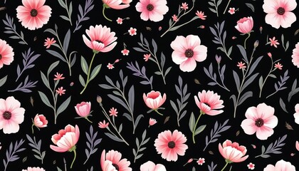 Floral seamless pattern. Pink flowers on dark background. Botanical design for fashion textile wrapping wallpaper prints. Modern floral illustration suitable various uses.