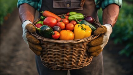 A person holds a basket filled with fresh vegetables in a farm setting, showcasing a vibrant assortment of produce.