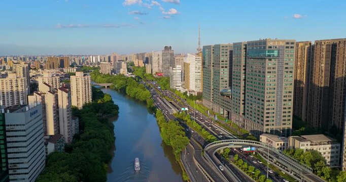 Hangzhou Jinghang District Grand Canal Aerial View, Wulinmen