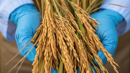 Hands in blue gloves holding a bundle of ripe rice grains, showcasing agricultural produce and farming practices.