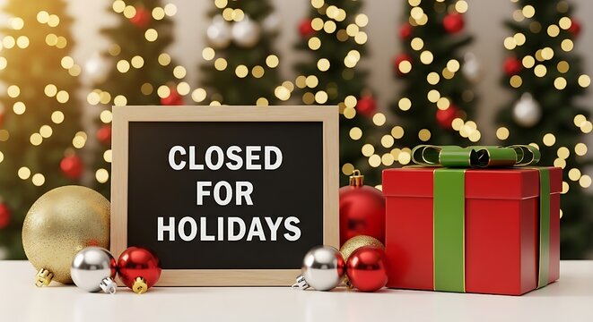 festive decor in background. perfect for business, retail store, office,Closed for holidays sign board on a wooden table Closed for the Holidays' against a cozy, warm-toned festive background."