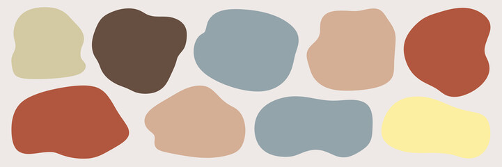 Abstract organic shapes in muted earthy tones of terracotta, beige, blue, brown, and yellow arranged in a modern, minimalist pattern for design.