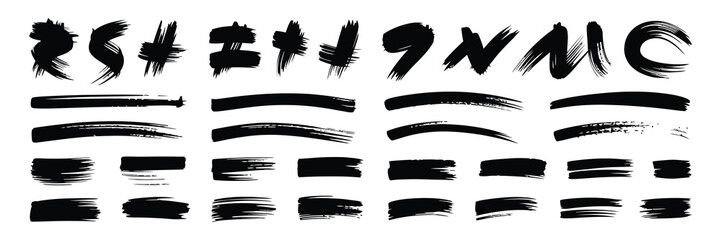 Diverse collection of black brush stroke elements, including symbols and lines, isolated on white background.