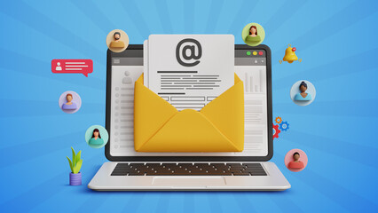 Email campaign, Direct Digital Marketing, Newsletter Subscription, Content Promotion, Online Sales Strategy. Reaching Online Audience with Email Marketing on a Laptop. 3D Illustration