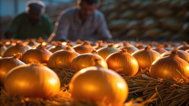 Harvested onions are arranged in a market setting, glowing under warm light, with people working in the background.