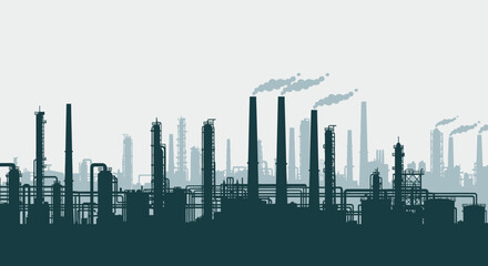 Fototapeta premium Silhouette of a large industrial complex with numerous smokestacks emitting smoke against a light gray sky, depicting pollution and industrial activity.