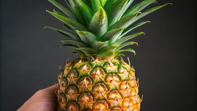 A hand holding a fresh pineapple against a dark background, showcasing its spiky crown and textured skin.