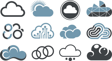 Twelve Cloud Icon Variations Modern, Geometric, Weather Related, Cloud Computing and Network Designs