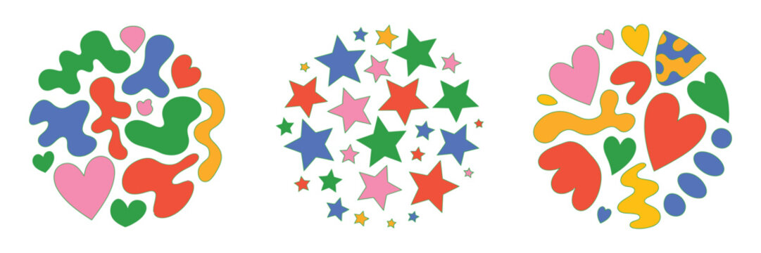 Colorful abstract shapes and stars arranged in circular patterns, vibrant flat design elements for graphic illustration and digital art backgrounds, joyful playful graphics