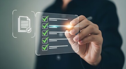 Digital checklist man completes tasks on transparent screen with green checkmarks