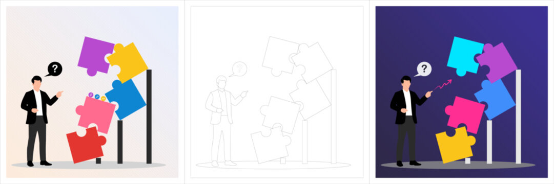 A modern flat vector illustration showing a business professional facing a large, unstable stack of puzzle pieces. The tilting puzzle represents crisis, uncertainty, and complex business challenges.