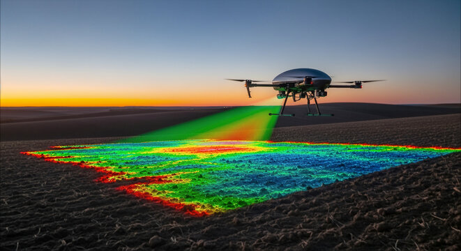 Medium Shot Tracking Right Following a Field Drone Projecting a Giant 3D Color-Coded Health Map over the Soil