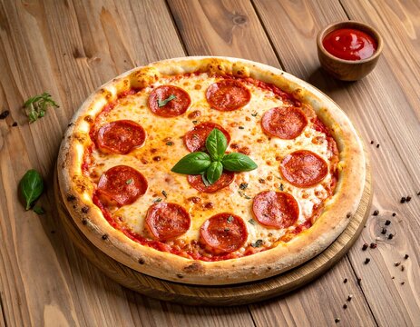 Overhead shot of a freshly baked pepperoni pizza with fresh basil and small bowl of sauce