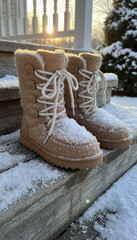 Warm winter boots covered in snow on wooden steps outdoors  