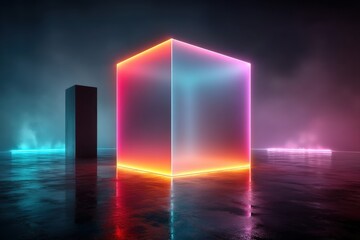 Modern creative agency interior with neon 2026 installation and matte black column