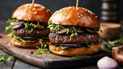 Two homemade beef burgers with mushrooms micro greens red onion