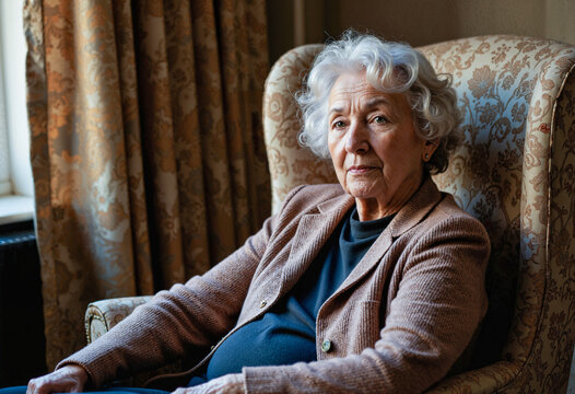 Elderly woman sitting in an armchair with a thoughtful expression