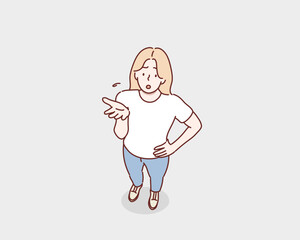 Top-view of a confused woman shrugging with uncertainty on a white background. Clueless woman, portrait and shrug with question for doubt, Original vector illustration drawn by hand