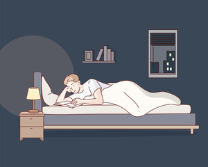 man reading before bed at night.Original vector illustration drawn by hand.