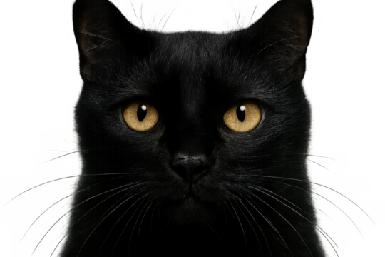 Black cat headshot, its fur sleek and eyes golden, directly facing the viewer. Concept of pets, animals, familiarity