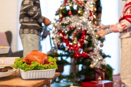 Delicious roasted turkey served on dining table in festive home setting.  - Powered by Adobe