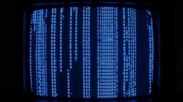 A retro computer monitor displays rows of glowing, blue code against a dark backdrop