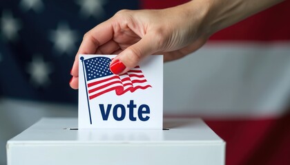Woman hand inserts voting ballot with American flag into ballot box. Citizen participates in democratic election, casting vote for countrys future. USA political process.