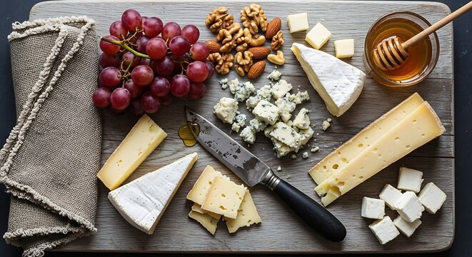 Delicious gourmet cheese board with various cheeses, fresh grapes, nuts, and honey. - Powered by Adobe