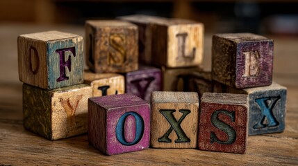 Colorful wooden letter blocks arranged on a rustic wooden surface display various letters in an artistic and playful manner, ideal for creative activities
