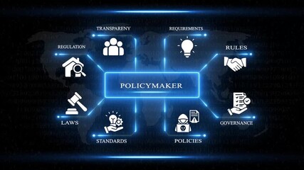 Policymaker concept diagram with icons for regulation transparency requirements rules laws standards policies and governance on a digital background with world map and binary code