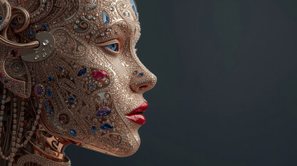 Extreme close-up side view of an ornate gold mask encrusted with diamonds, rubies, and sapphires, featuring a fiery orange eye and wisps of white hair.
