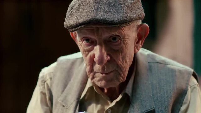 Thoughtful elderly male photographer in flat cap and vest, focused on vintage camera, showcasing passion and deep connection to his craft