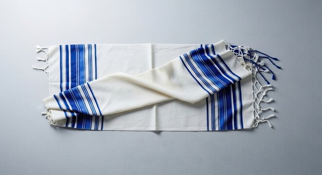 Traditional Jewish tallit prayer shawl with blue stripes, symbolizing faith for Hanukkah