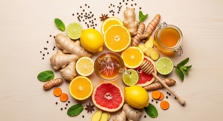 Healthy immunity boost with fresh ginger, turmeric, honey and citrus fruits.