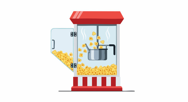 Classic Red Popcorn Machine Making Fresh Steaming Popcorn on White Background