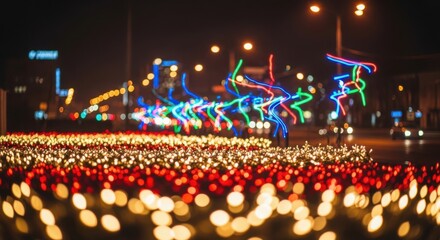 Magical city lights illuminating the night with vibrant colors, perfect for holiday promotions or festive urban scenes, bringing joy and warmth