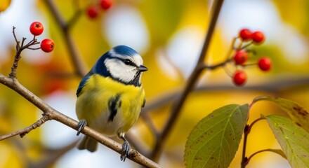 A blue tit perched on a branch with red berries in a vibrant autumn setting with blurred background