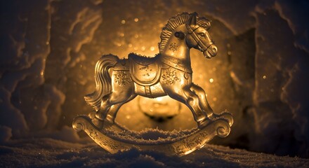 Golden rocking horse rests amidst snowy drifts, softly illuminated for a dreamy, vintage feel.