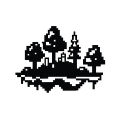 Pixel art black silhouette shows the island, trees, and architecture above a lake