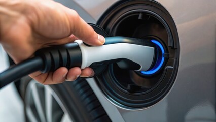 A person connects an electric vehicle charging cable to the car, showcasing modern sustainable technology in action.