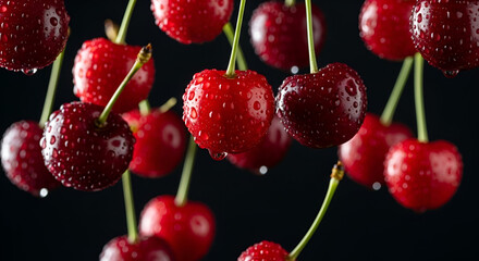 Vibrant and refreshing cherries glistening with water droplets against dark background