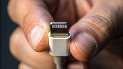 A close-up of a person's hand holding a connector, emphasizing the detailed features of the plug and fingers.