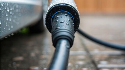 A close-up of a wet electric charging cable, showcasing droplets of water on the surface, highlighting its texture and detail.