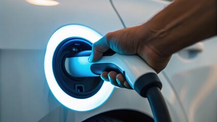A person plugs in an electric vehicle charging connector, with a glowing light around the charging port, symbolizing eco-friendly energy.