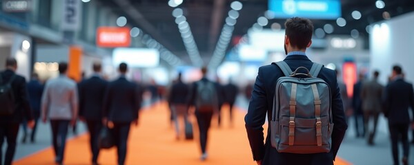 Man with backpack walks at trade show. Blurred people move at corporate event. Business conference marketing advertising concept. Networking convention exposition. Modern professional development