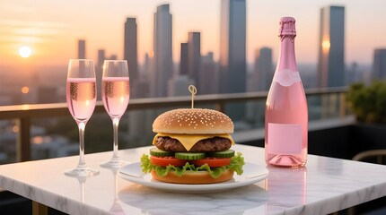 Luxurious Gourmet Burger with Pink Champagne on Elegant Rooftop