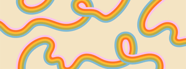 Groovy wavy rainbow stripes pattern. Retro vintage horizontal background with colorful lines.