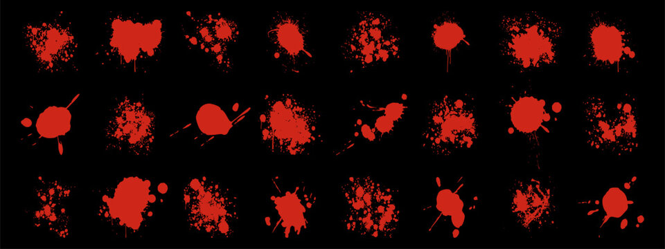 Red paint blood splatter set. Grunge Halloween drops, sprays, and stains.