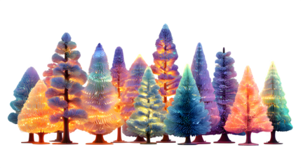 Group of miniature 3D Christmas trees with neon fairy lights and glossy texture, joyful winter holiday celebration design, isolated on white background
