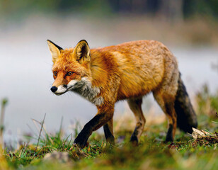Fototapeta premium Red fox standing in the lake. The fog envelops the surroundings. 